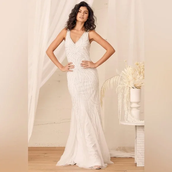 fitted lace wedding dress Fairy Puff Sleeve Beaded Mermaid Wedding Prom Dress, Courthouse Civil –  Shindig Threads
